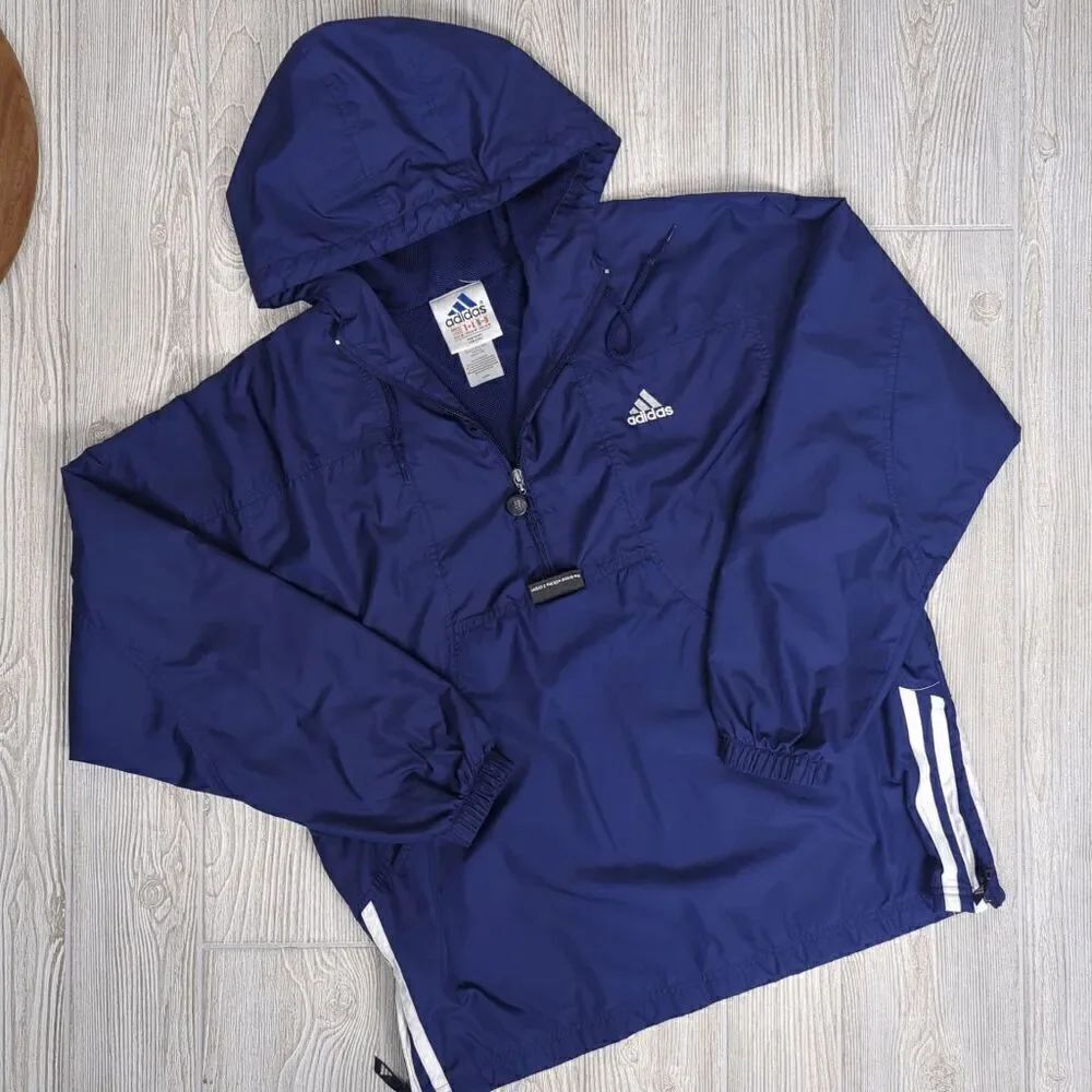 Adidas Anorak Jacket Mens 90s Half Zip Pull Over Windbreaker, Navy, Medium